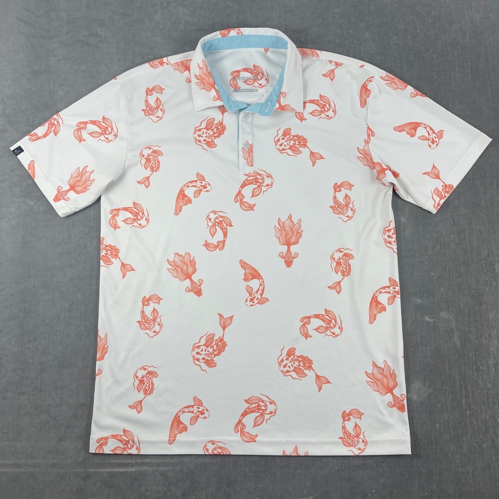 Swannies Mens Medium White Koi Fish Print Performance Golf Polo Shirt